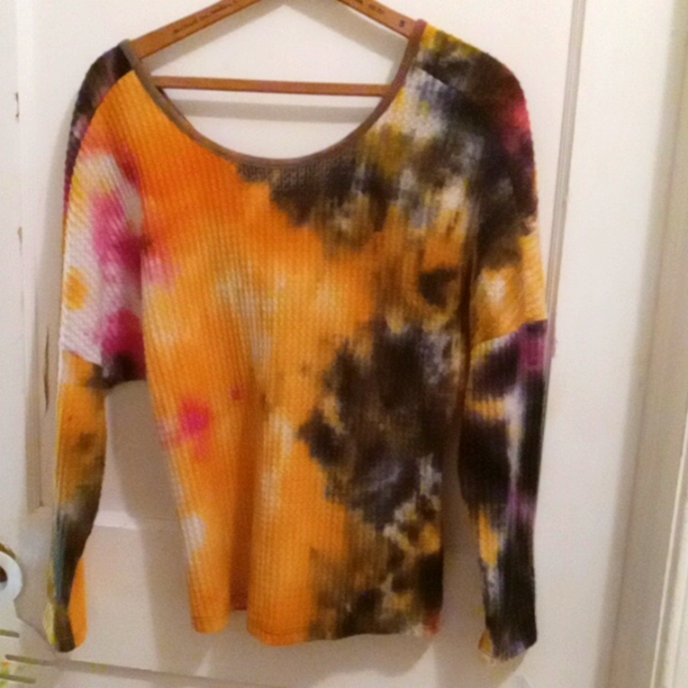 Multi color tie dyed shirts waffle texture.